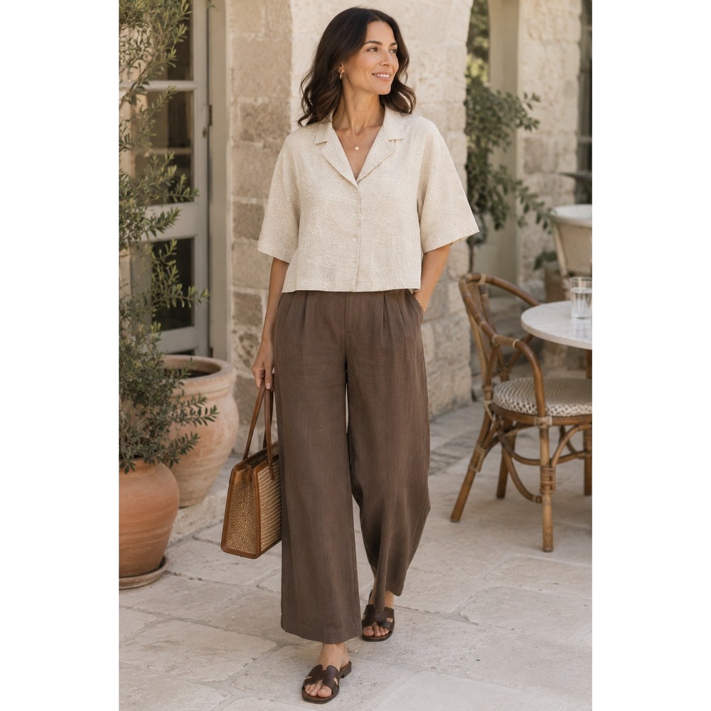 Kalki Koechlin x Max Embroidered Linen Blend Cropped Shirt Beige L Boxy Fit